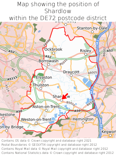 Map showing location of Shardlow within DE72