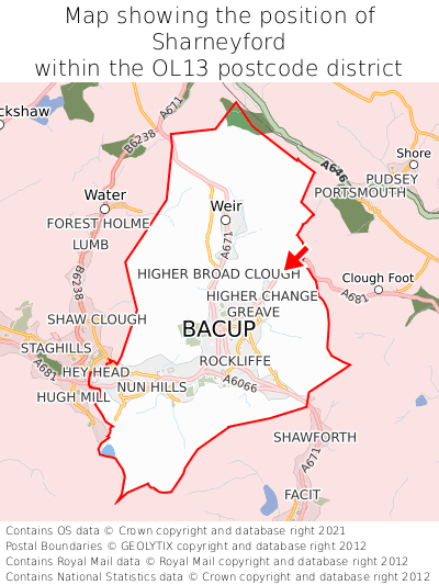 Map showing location of Sharneyford within OL13