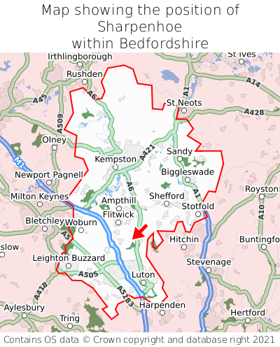 Map showing location of Sharpenhoe within Bedfordshire