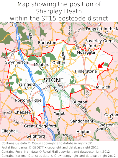 Map showing location of Sharpley Heath within ST15