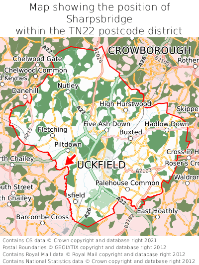 Map showing location of Sharpsbridge within TN22