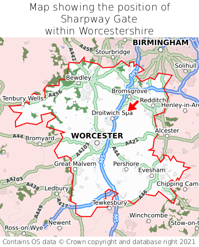 Map showing location of Sharpway Gate within Worcestershire