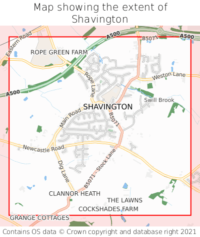 Map showing extent of Shavington as bounding box