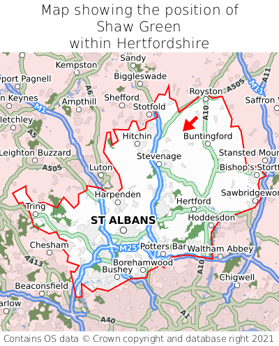 Map showing location of Shaw Green within Hertfordshire