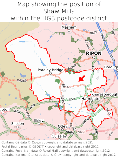 Map showing location of Shaw Mills within HG3