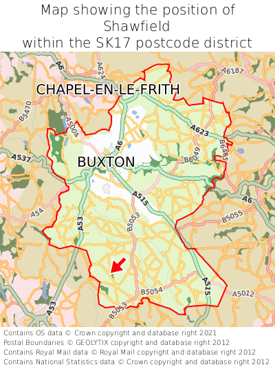 Map showing location of Shawfield within SK17