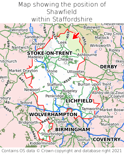 Map showing location of Shawfield within Staffordshire