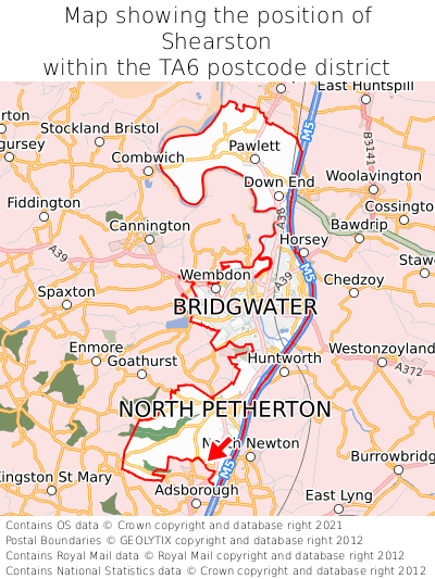 Map showing location of Shearston within TA6