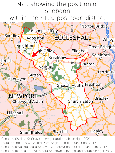 Map showing location of Shebdon within ST20