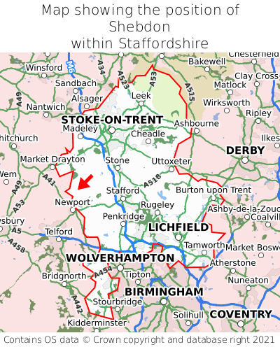 Map showing location of Shebdon within Staffordshire