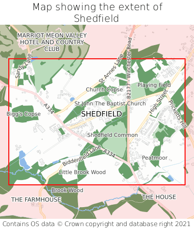 Map showing extent of Shedfield as bounding box
