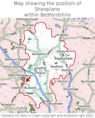 Map showing location of Sheeplane within Bedfordshire