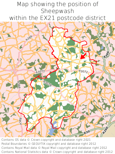 Map showing location of Sheepwash within EX21