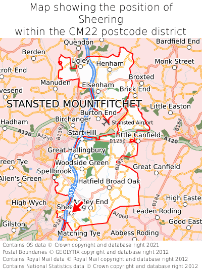 Map showing location of Sheering within CM22