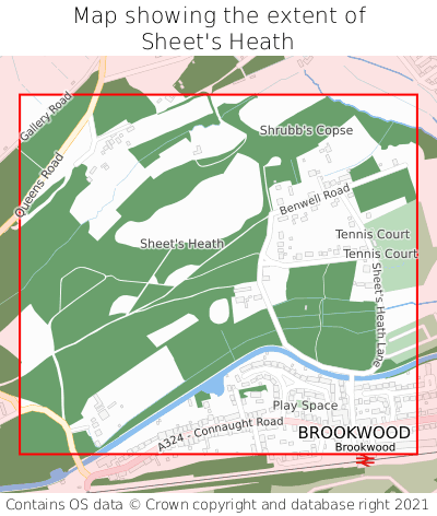 Map showing extent of Sheet's Heath as bounding box