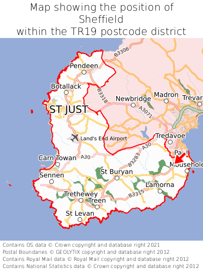 Map showing location of Sheffield within TR19