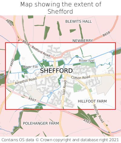 Map showing extent of Shefford as bounding box