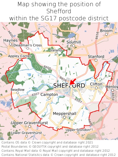 Map showing location of Shefford within SG17