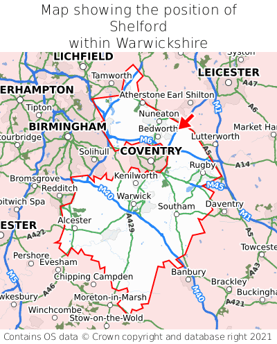 Map showing location of Shelford within Warwickshire
