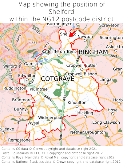 Map showing location of Shelford within NG12