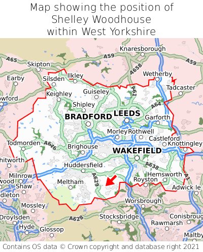 Map showing location of Shelley Woodhouse within West Yorkshire