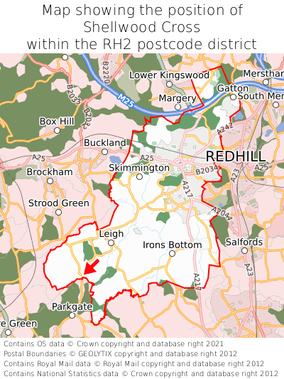 Map showing location of Shellwood Cross within RH2