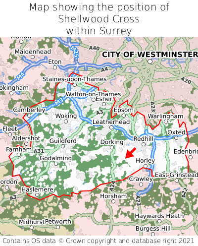 Map showing location of Shellwood Cross within Surrey