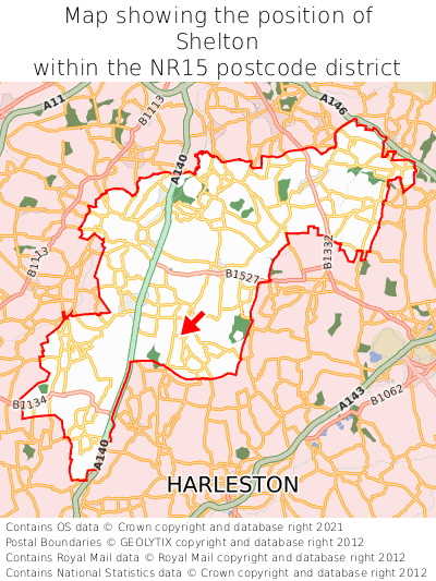 Map showing location of Shelton within NR15