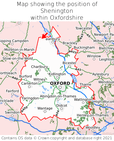 Map showing location of Shenington within Oxfordshire