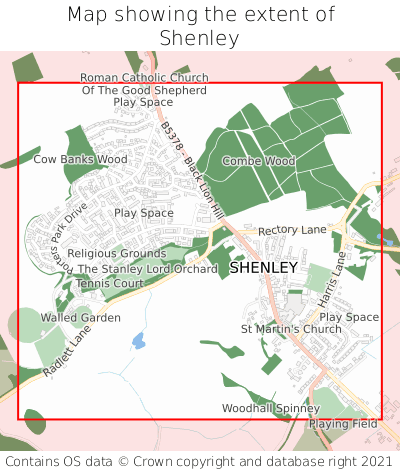 Map showing extent of Shenley as bounding box