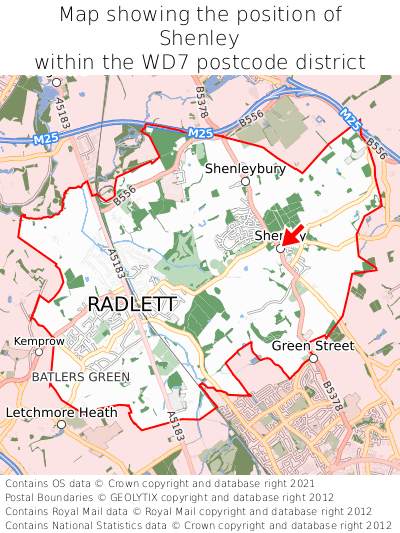 Map showing location of Shenley within WD7
