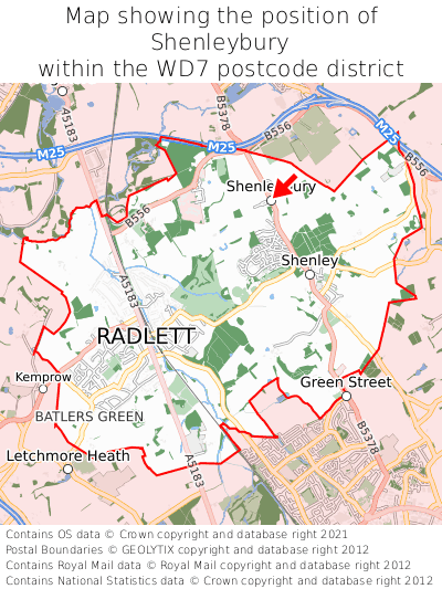 Map showing location of Shenleybury within WD7
