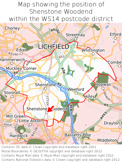 Map showing location of Shenstone Woodend within WS14