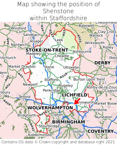 Map showing location of Shenstone within Staffordshire