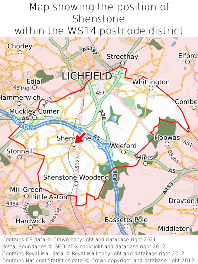 Map showing location of Shenstone within WS14