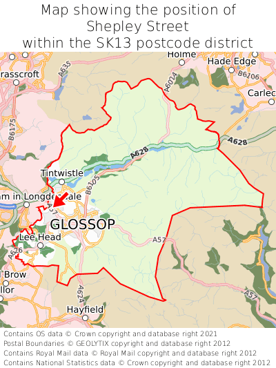 Map showing location of Shepley Street within SK13