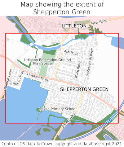 Map showing extent of Shepperton Green as bounding box
