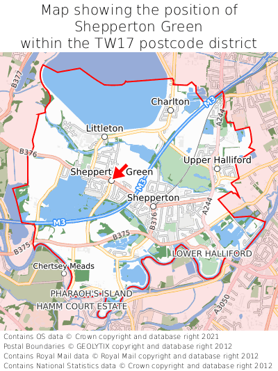 Map showing location of Shepperton Green within TW17