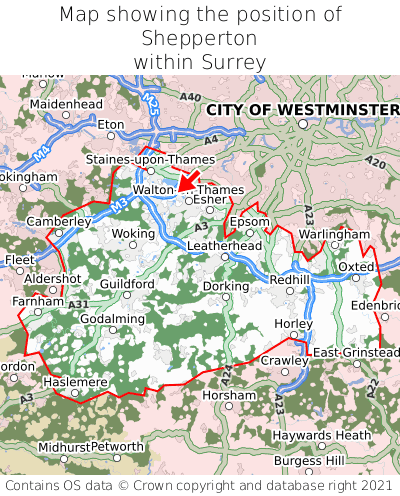 Map showing location of Shepperton within Surrey