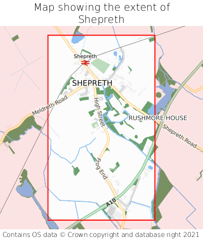 Map showing extent of Shepreth as bounding box