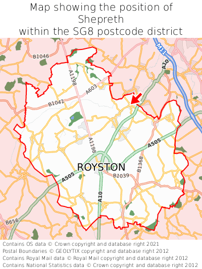 Map showing location of Shepreth within SG8