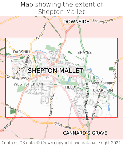 Map showing extent of Shepton Mallet as bounding box