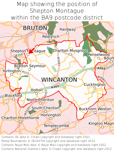 Map showing location of Shepton Montague within BA9