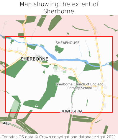 Map showing extent of Sherborne as bounding box