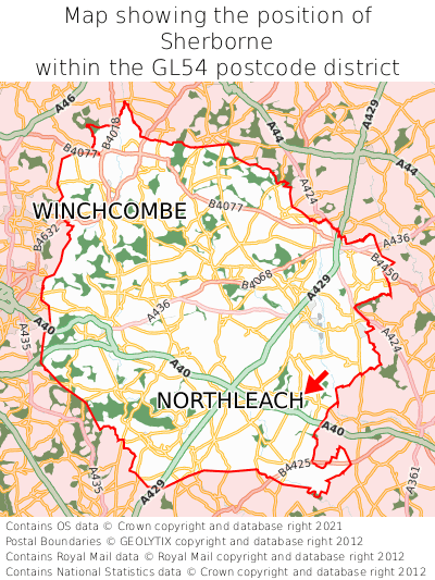 Map showing location of Sherborne within GL54