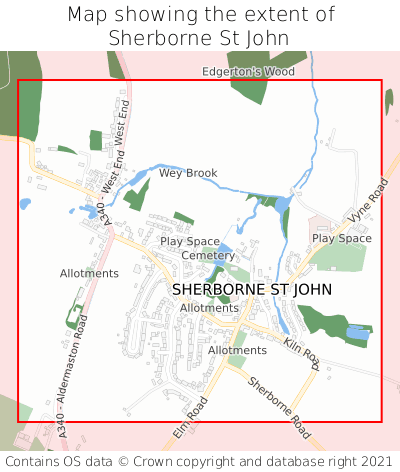 Map showing extent of Sherborne St John as bounding box