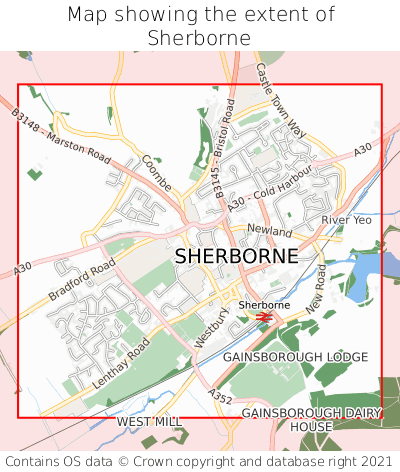 Map showing extent of Sherborne as bounding box