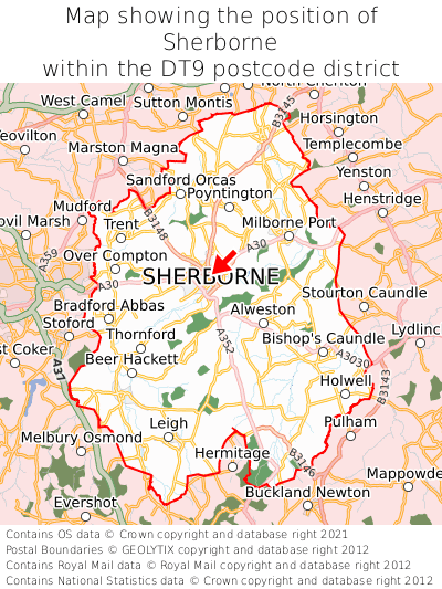 Map showing location of Sherborne within DT9