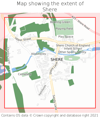 Map showing extent of Shere as bounding box