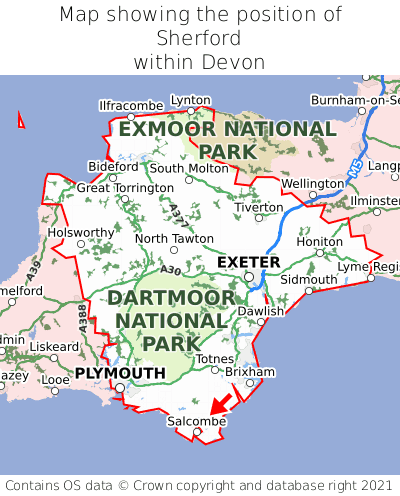 Map showing location of Sherford within Devon